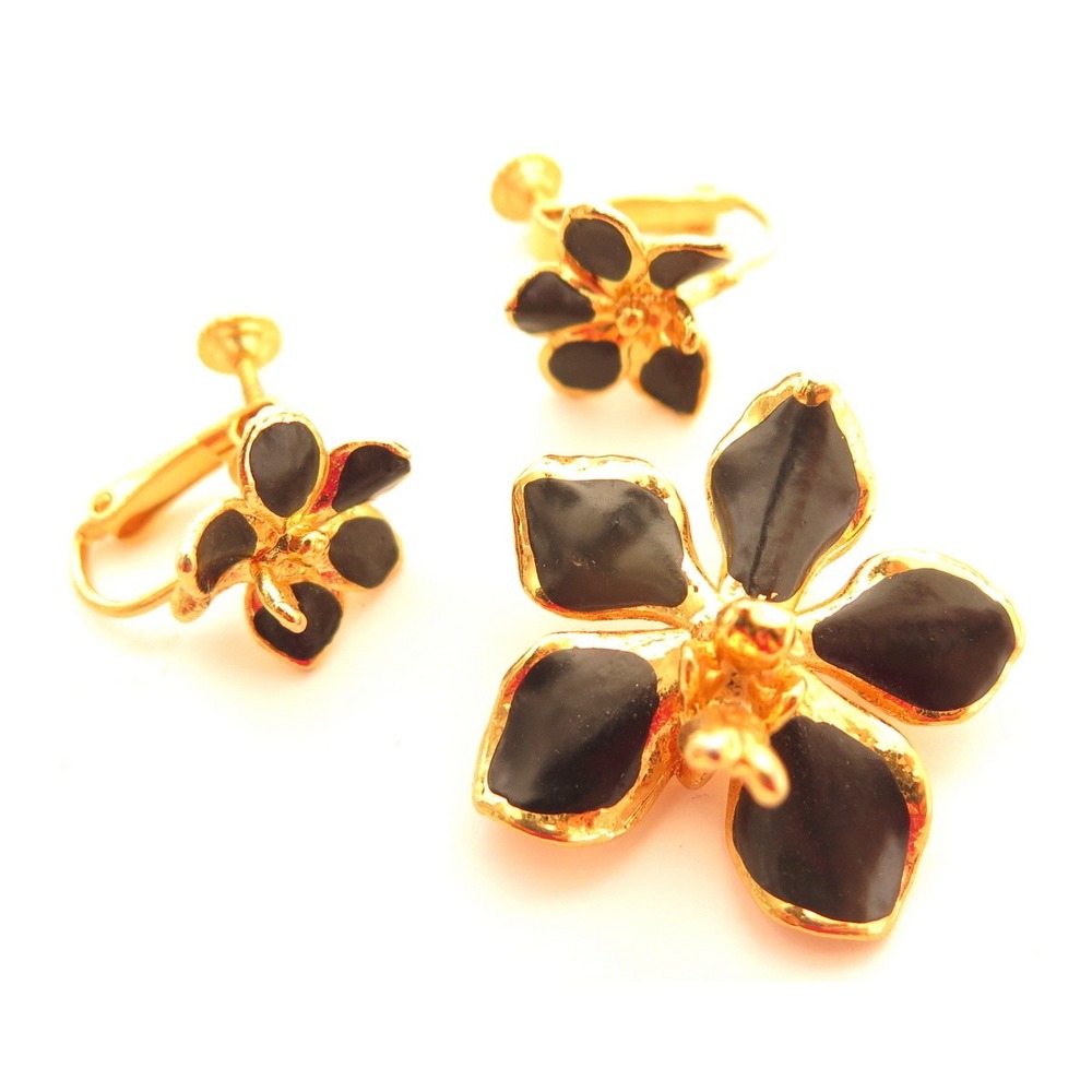 Vintage 22KT Orchid Pendant Earrings‎ Set Signed Gold Plated Black Enamel A845